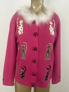 Jack B Quick Women's Petite Small Kitty Cat Cardigan Sweater Pawprint Buttons - Picture 1 of 12