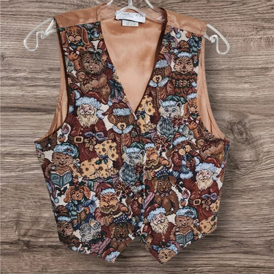Chaleco tapiz botón estampado santa gato perro esquina informal vintage mujer talla mediana Foto 1 de 4