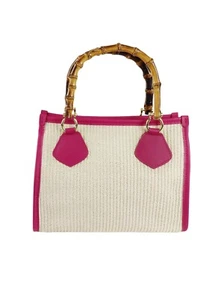 Borsa a mano italiana in vera pelle e rafia con manici in bambù - rosa - Foto 1 di 6