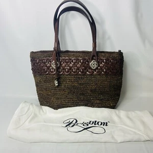 Brighton Interlok TARRAH Cedar-Cognac Raffia Straw Tote Handbag Charm MSRP $340 - Picture 1 of 18