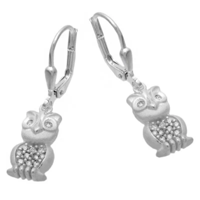 Orecchini Pendenti Gufo con Zirconia Bianco Vero 925 IN Argento Opaco Nuovo - Immagine 1 di 4