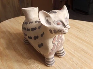 Vtg Mexican Pottery Cat Sandstone Hand Painted Figurine LG - Picture 1 of 9