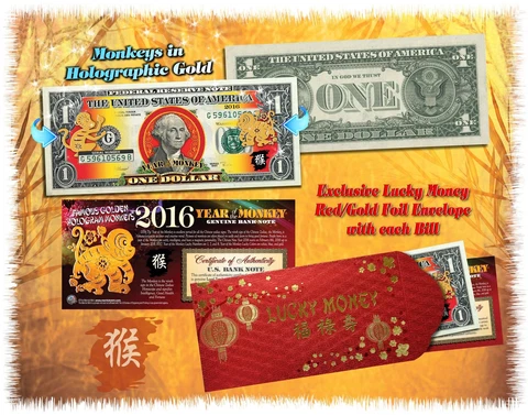 Lot of 25 Chinese New YEAR OF THE MONKEY 2016 Lucky Money Gold Hologram $1 BILL Cover
