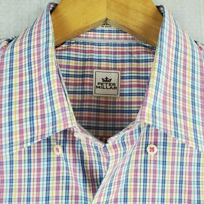 PETER MILLAR Size Medium Button Down Short Sleeve Shirt Rainbow Checks Mens - Image 1 of 4