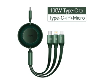 Baseus 3 in 1 USB Retractable Fast Charger Cable 100W for iPhone15 14 13 12 - Picture 1 of 14