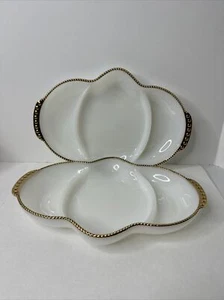 2 Lot Fire King OvenWare Divided Plates Milk Glass Gold Trim Anchor Hocking - Picture 1 of 7