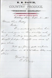 Vintage 1881 E.S. Davis Produce Merchant handsignierter Briefkopf - Fitchburg Mass - Bild 1 von 1