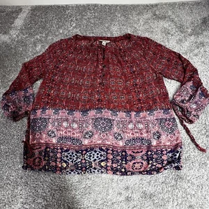 Lucky Brand Blouse Womens Medium Red Pink Floral Sheer Peasant Boho - Picture 1 of 15