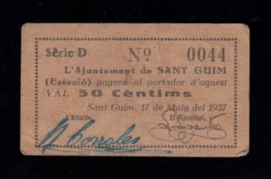 F.C. SANT GUIM (LLEIDA) , 50 CENTIMOS 1937 , SERIE D , MBC (VF) . - Imagen 1 de 2
