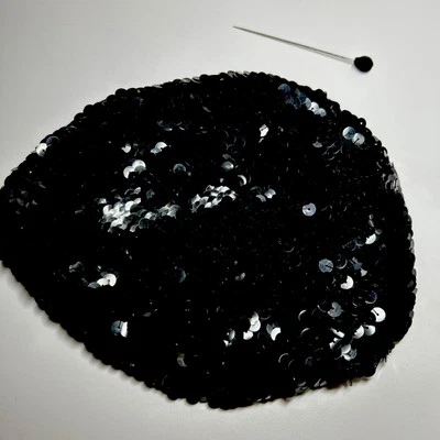 Vintage Women’s BLACK SEQUINS Small  7” Beret Skull Cap & Hat Pin - Image 1 of 4
