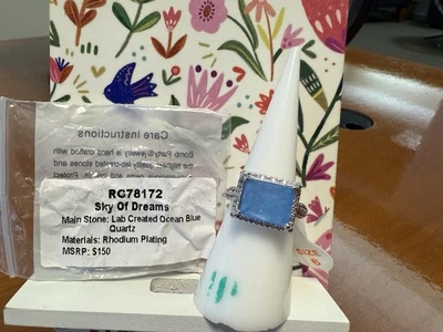 Bomb Party Ring Sz 6 Sky Of Dreams LC Ocean Blue Quartz Rhodium Plating - Image 1 of 2