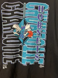 New Vintage Charlotte Hornets Single Stitch NBA T-shirt Sz XL Black USA - Picture 1 of 9