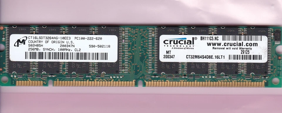 256MB PC-100 CRUCIAL CT32M64S4D8E.16LT1 MICRON Desktop Ram Stick PC100 SDR DIMM - Image 1 of 2