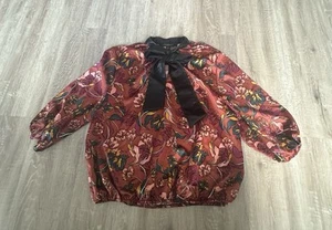 Marc New York Andrew Marc Top Women’s Medium Floral Faux Leather Tie Neck - Picture 1 of 2