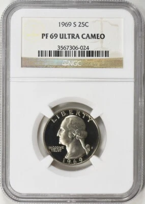 1969 25c Washington Proof Quarter, NGC PF 69 Ultra Cameo PF69UC PF69 RARE! - Image 1 of 2