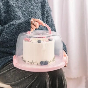 Round Cake Container Foldable Handle Cake Case Plastic Cake Box Picnic - Picture 1 of 14