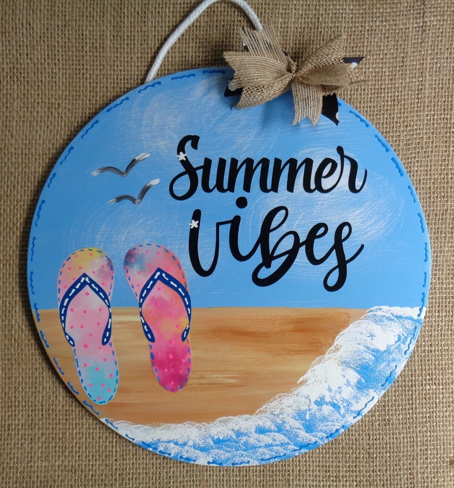 SUMMER VIBES CIRCLE SIGN Wall Art Door Hanger Deck Beach Backyard Plaque Wood - Image 1 of 1