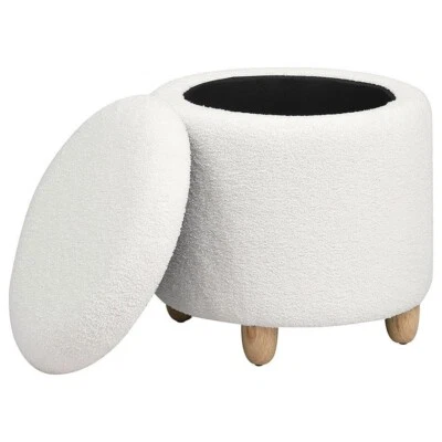 Valia Faux Sheepskin Upholstered Round Storage Ottoman Ivory - Image 1 of 4