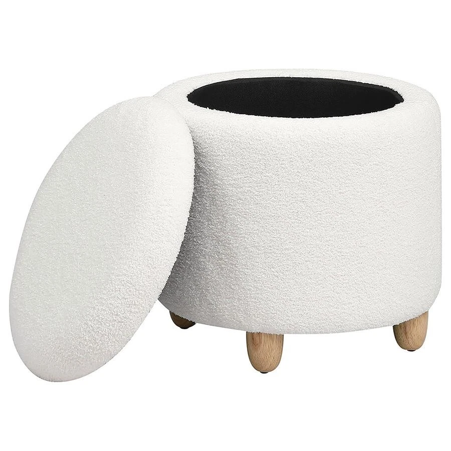 Valia Faux Sheepskin Upholstered Round Storage Ottoman Ivory - Image 1 of 4