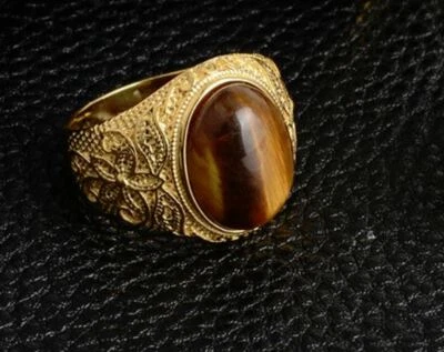 18K GOLD EP TIGER EYE OVAL CUT MENS DRESS RING SIZE 7-13 YOU CHOOSE cat eye - image 1 of 3