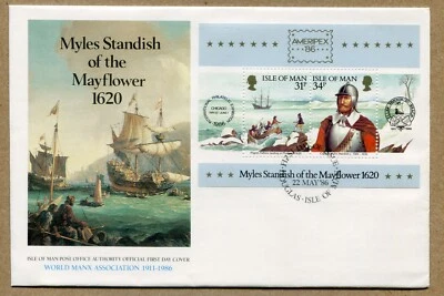 ISLE OF MAN, Myles Standish of the Mayflower 1986 First Day Cover, Mini Sheet FD - Image 1 of 2