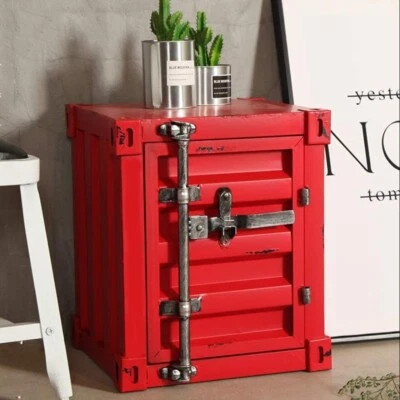 Retro Red Industrial Style Mini Shipping Container Side Table Lockable Handle