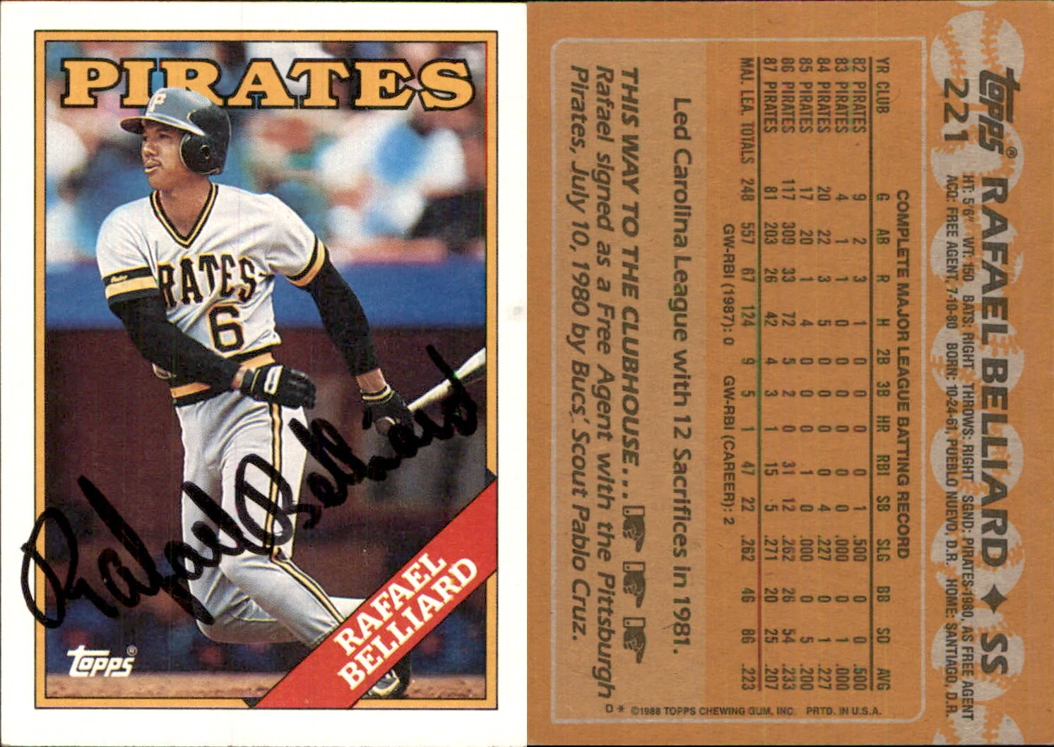 Rafael Belliard Signed 1988 Topps #221 Card Pittsburgh Pirates Auto AU