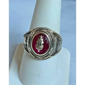 VINTAGE DIEGES & CLUST HERALDIC YELLOW GOLD LAB-CREATED RUBY RING SIZE 9 SKY - Picture 1 of 10