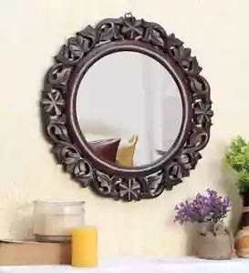 Decorative & Handcrafted Distressed Brown Finished Wooden Wall Mirror, 16x16 inc - Picture 1 of 5