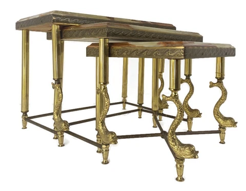 set of 3 nesting stacking tables Hollywood regency Ornate brass Fish Marble tops Cover