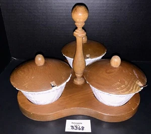 Cornwall Wood Products Milk Glass Wood Relish Tray Condiment Set Vintage Retro - Picture 1 of 7