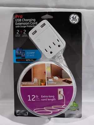 Cabo de extensão General Electric carregamento USB 12 pés proteção contra sobretensão 2 tomadas - Imagem 1 de 2
