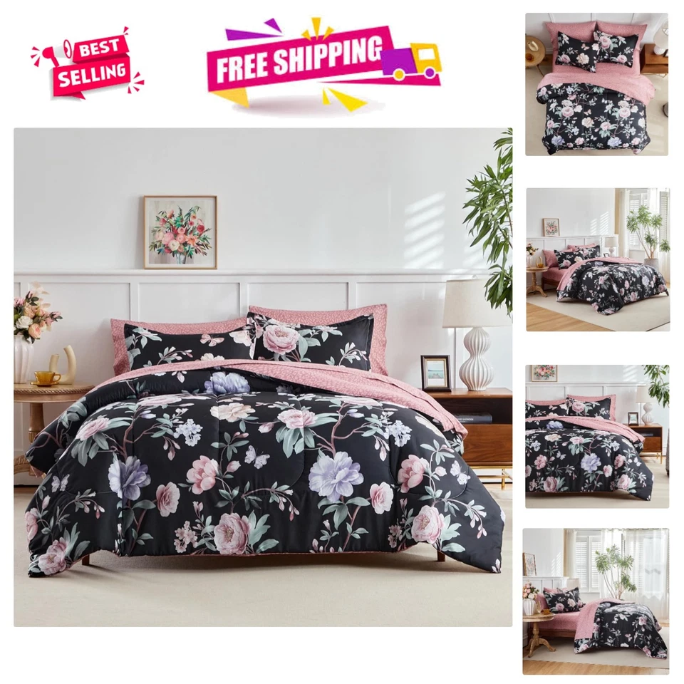 Luxuoso conjunto de edredom de microfibra floral preto e rosa - 90x90 polegadas tamanho queen - Imagem 1 de 4