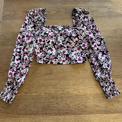 Top Bar III Negro Floral Campo PEQUEÑO Manga Larga Crop Bustier Sweatheart 502 Foto 1 de 2