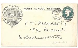 GB QV POSTAL STATIONERY STO ILLUSTRATED RUGBY SCHOOL 1/2d to MANDER PRINTED RATE - Picture 1 of 2