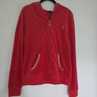 Винтажный Y2K США Polo Assn красный бархат полный молнии со стразами женщин большой куртка с капюшоном - Изображение 1 из 4