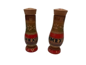 Vintage Mexican Carved Wooden Salt & Pepper Shakers Set 4" Tall - Picture 1 of 4