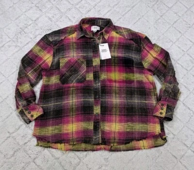 BDG Shirt Womens XS Black Pink Multi Andy Flannel Distressed Button Down NEW  - Image 1 of 4