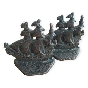 1920er Gusseisen Spanische Galeone Schiffe Buchstützen Set 4" Antik Maritim Dekor - Bild 1 von 6