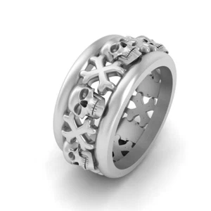 925 Sterling Silver Pirates Skull Wedding Band Jolly Roger Skull Crossbones Band - Picture 1 of 9