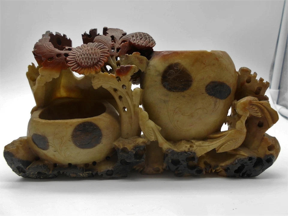 ENCRIER / POT A PINCEAU FLEURS & OISEAUX SCULPTÉ EN PIERRE DE LARD CHINE XIX ème - Photo 1/4