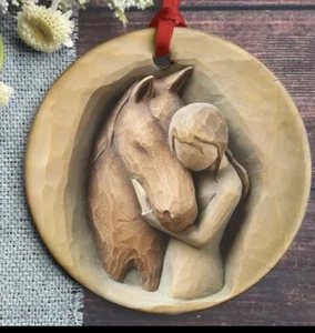 Girl Loves Horse Ornament 3” diameter Christmas Birthday red ribbon NEW - Picture 1 of 11