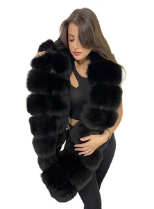 Double Sided Fox Fur Stole 78'' (200cm) Jet Black Fur Bands And Leather - Picture 1 of 10