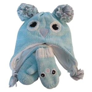 Childrens Winter Hat Blue Beanie Girls XS Mouse Earflap Poms Mittens Set 6-12M - Picture 1 of 4