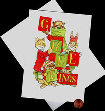 HTF VINTAGE Mouse Cat Rabbit Bear - WALLACE TRIPP - Christmas Greeting Card