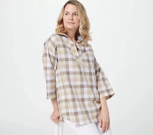 Isaac Mizrahi Live Madras Plaid Poplin Pullover Shirt Womens XL Brown Preppy NEW - Picture 1 of 7