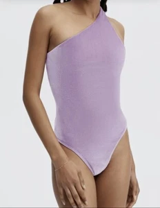 Fabletics Gigi Velour One Shoulder Bodysuit Bright Lilac Size Large 10 NWT - Picture 1 of 9