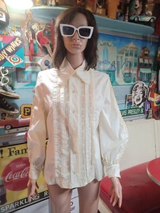 True Vintage Mid Century 60er 70er Big PP Kragen Spitze Bluse Puffärmel Elfenbein L - Bild 1 von 15