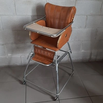 Seggiolone A Rotelle Metallo Cromato Ecopelle Marrone Esposizione Vintage 1960 - Image 1 of 4