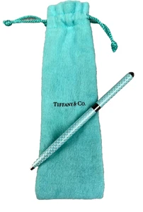 Tiffany & Co Ballpoint Pen Blue Diamond Texture Sterling Silver Germany w/ Pouch - Picture 1 of 6